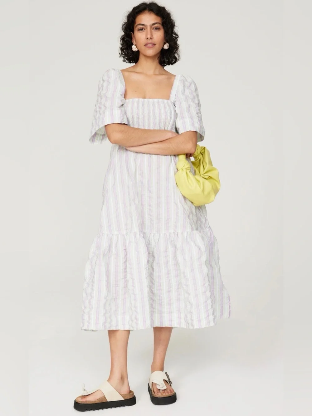 GANNI Pastel Striped Seersucker Midi Dress